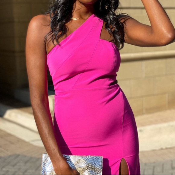 Aidan Mattox Pink Asymmetrical One-Shoulder Bodycon Gown - Picture 2 of 6